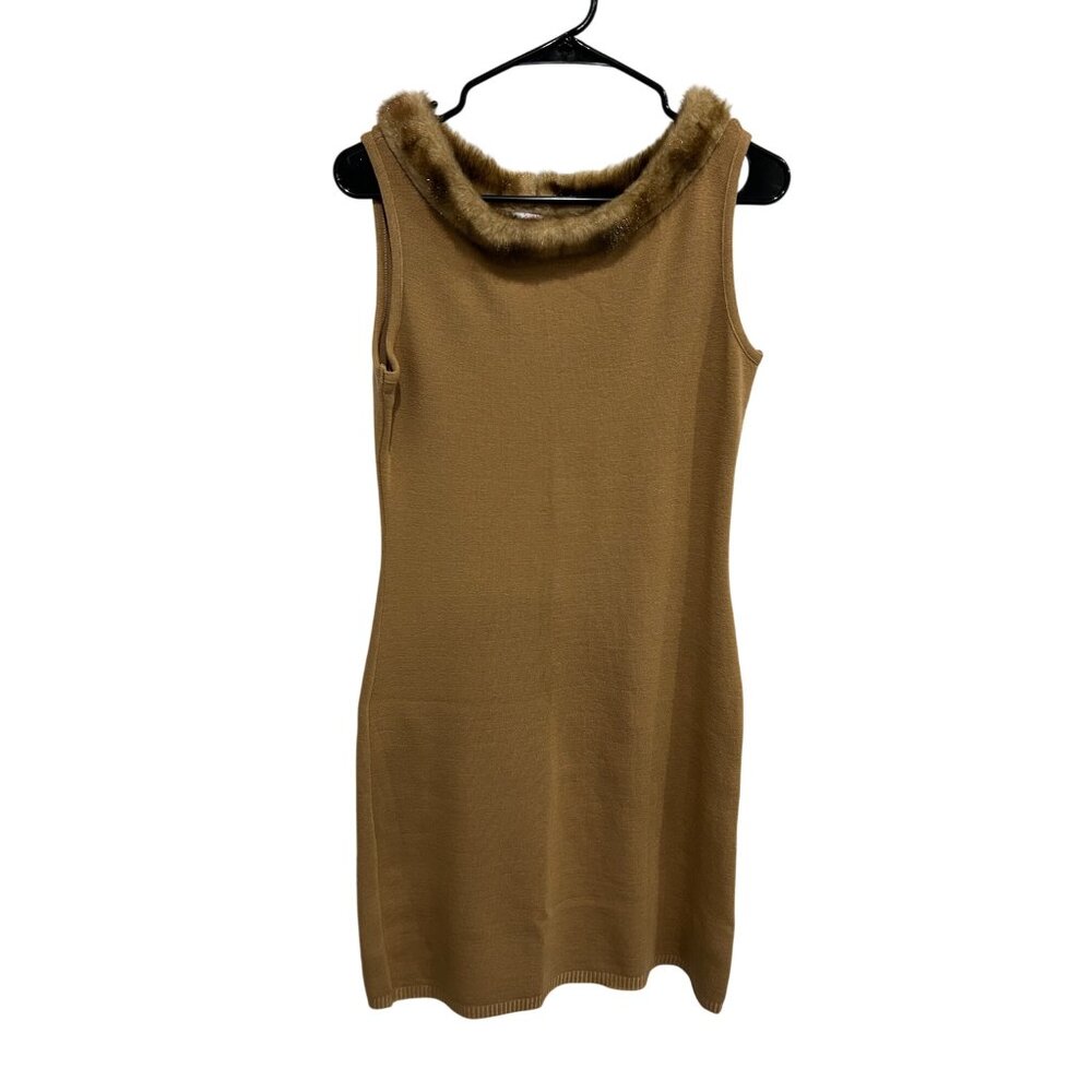 Heart & Soul Sleeveless Shift Dress Tan Sz Large Faux Fur Collar Neutral Elegant